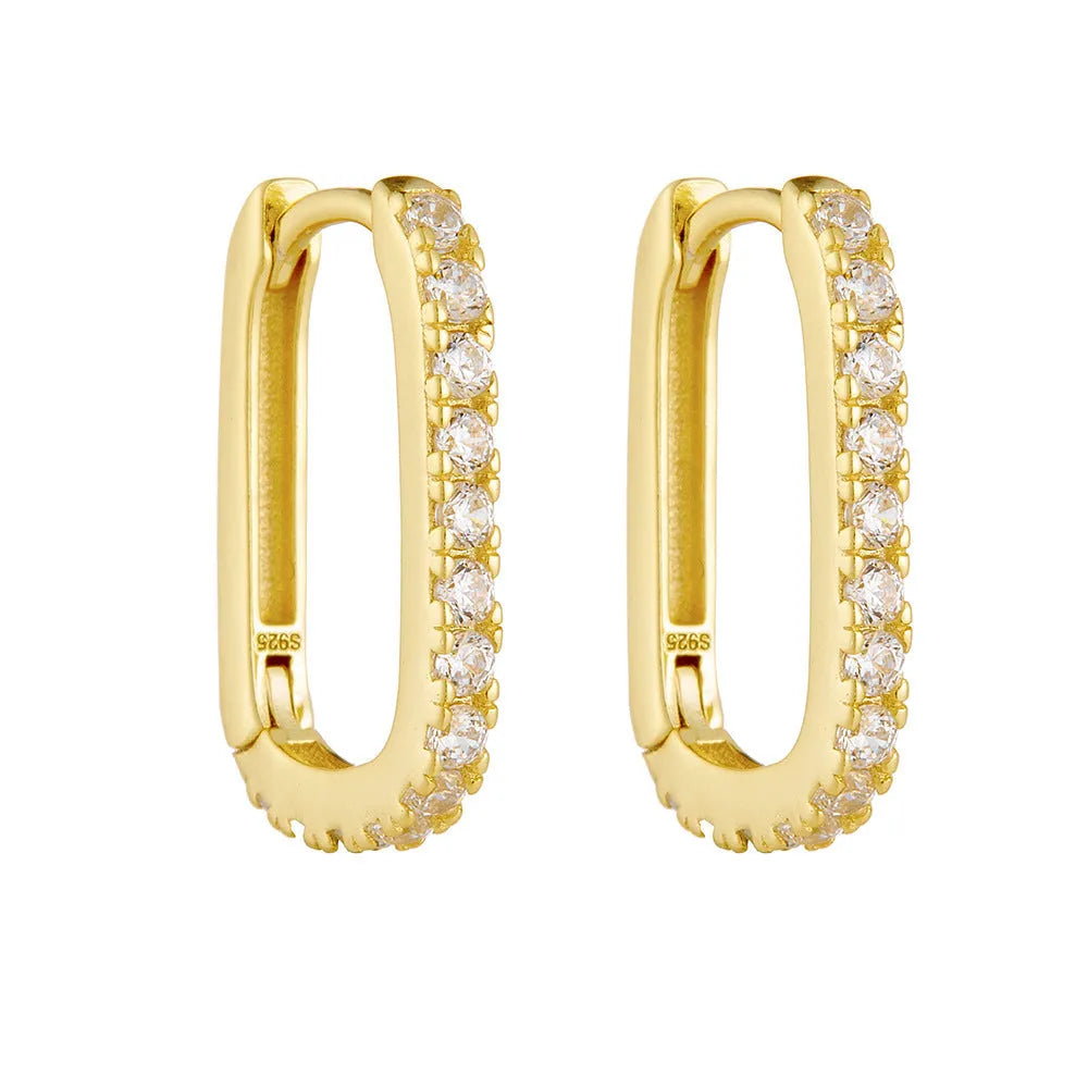 S925 sterling silver oval and quadrilateral zircon ear clips in white or yellow colour options