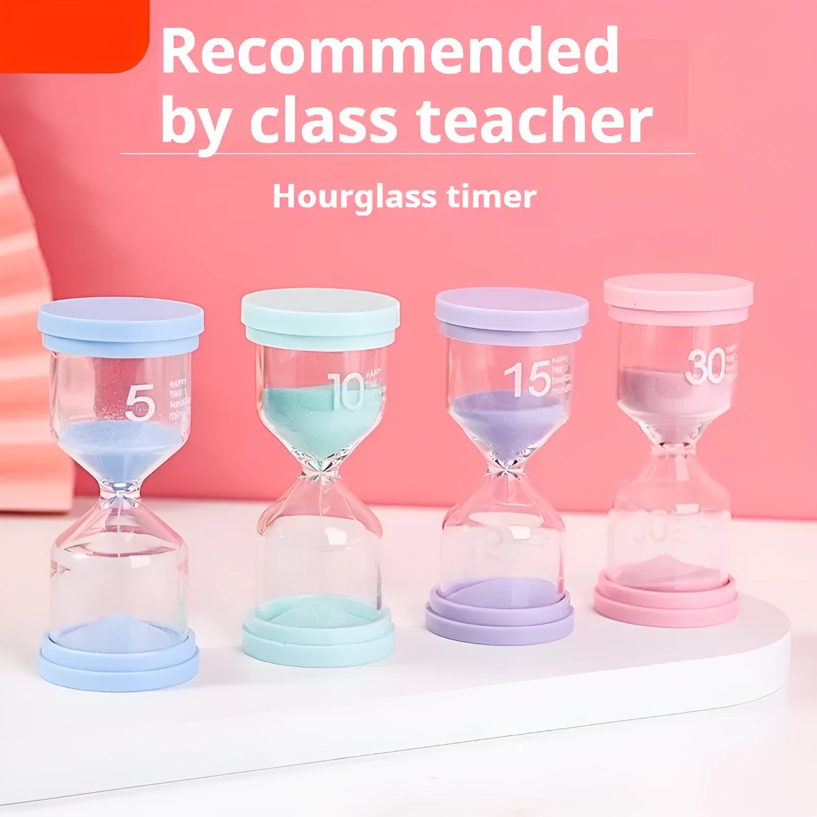 Glass sand timer with coloured sand in modern design showing timing duration options