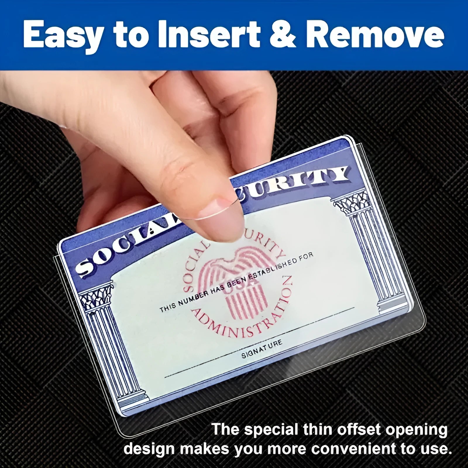 Transparent PVC social security card holder measuring 9.7 by 5.9 centimetres