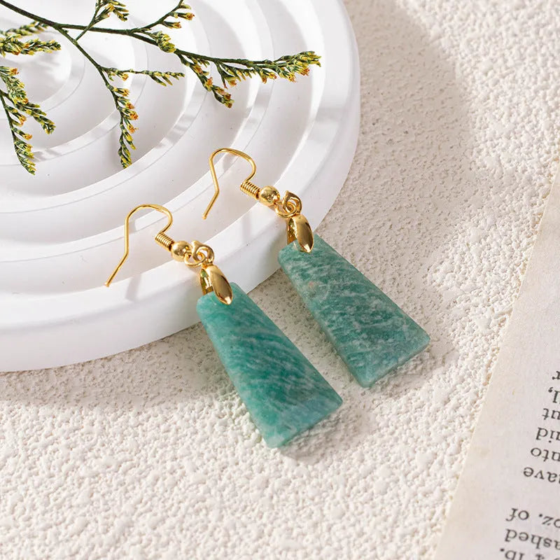 Amazonite geometric trapezoid earrings with octagon and quadrangle elements in gold or silver tone