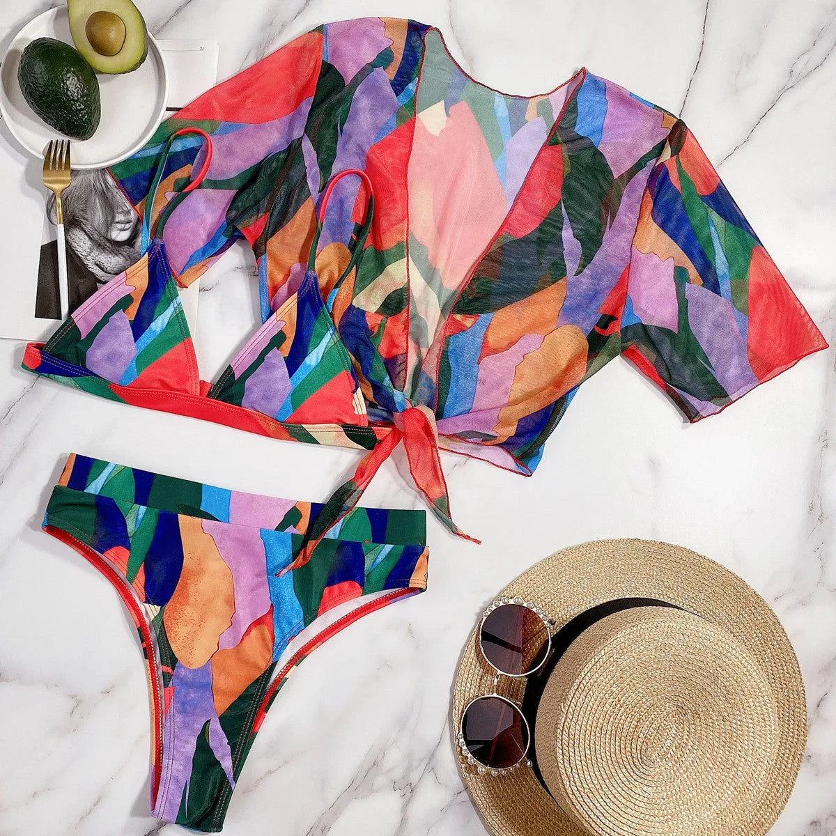 Red printed split swimsuit for women with triangle bikini design