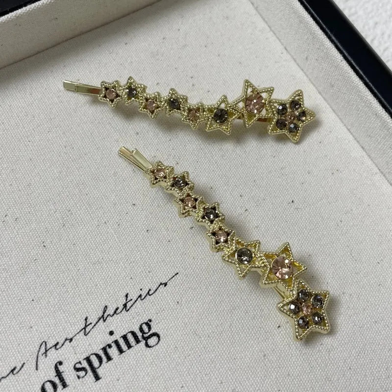 Gold electroplated Korean style bangs barrette with side clip and rhinestone star decoration