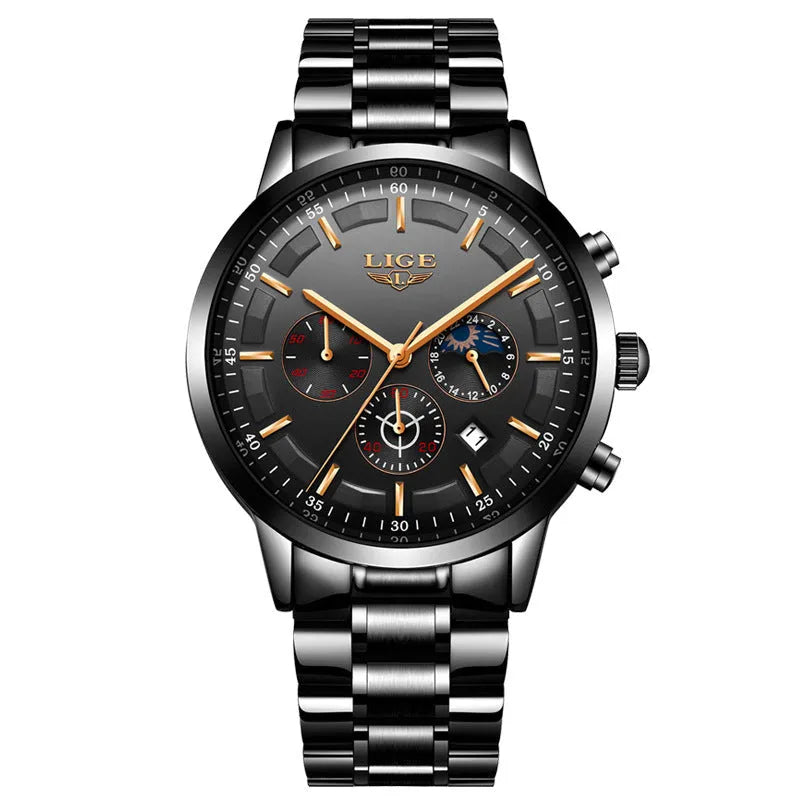 Men's waterproof moon phase quartz watch with stainless steel case in black, blue or rose gold colour options