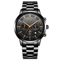 Men's waterproof moon phase quartz watch with stainless steel case in black, blue or rose gold colour options