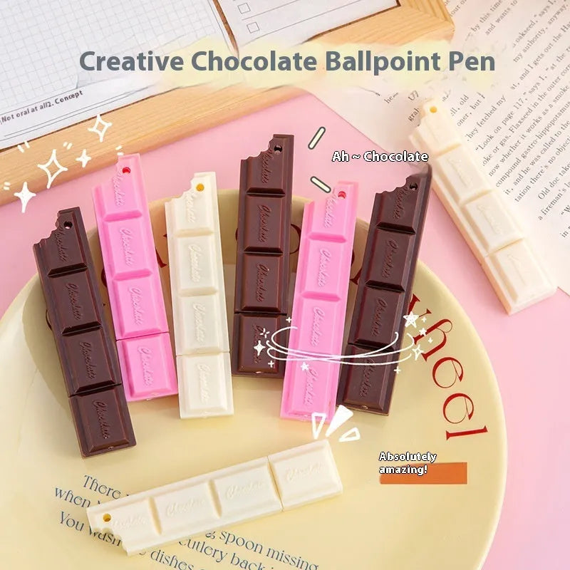 Chocolate ballpoint pen with cartoon simulation food design showing 0.5mm bullet tip and pink, beige, brown refill options.