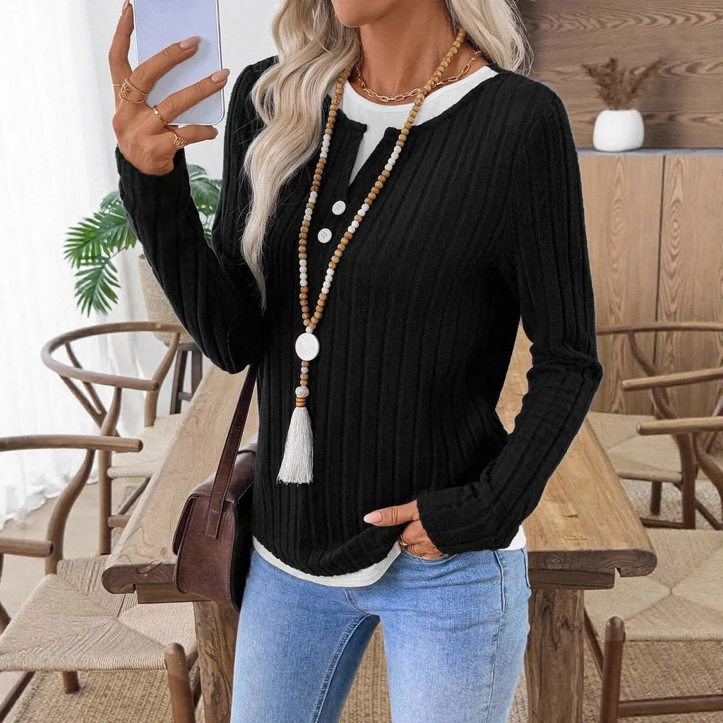 Women's fake two-piece pullover sweater with concave stripe polyester fabric and grinding texture pattern
