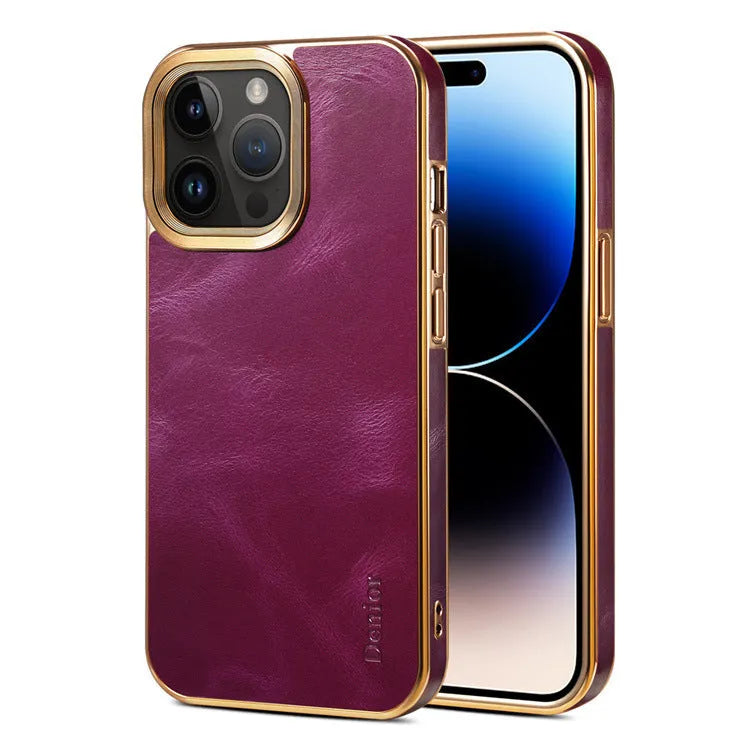 Handmade vintage leather phone case for iPhone showing slim profile and precise cutouts