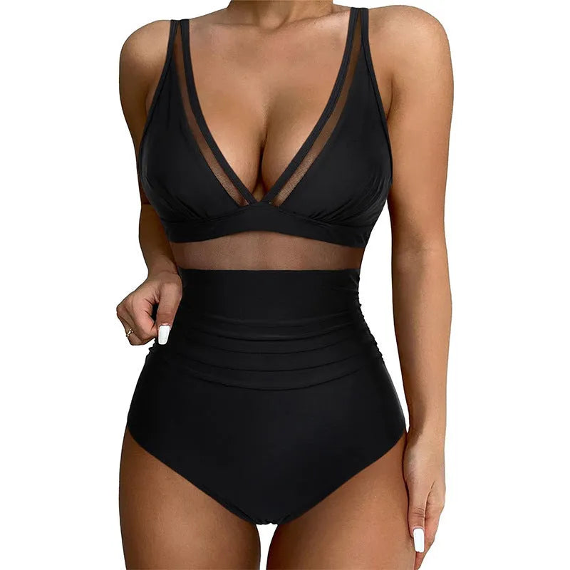 Black women's one-piece swimsuit with mesh halter neck and briefs style bottom.