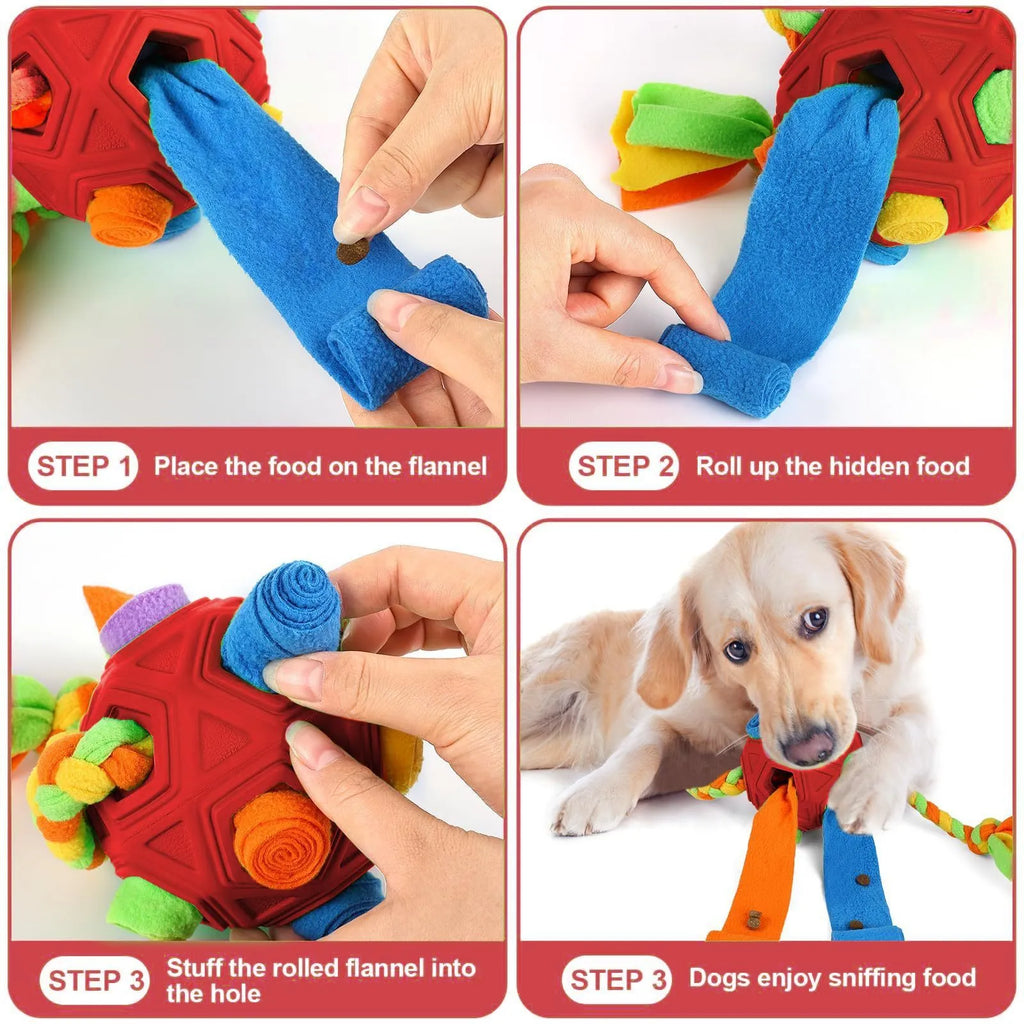 Bite-resistant rubber dog puzzle snuffle ball for treat dispensing and IQ training in multiple colours