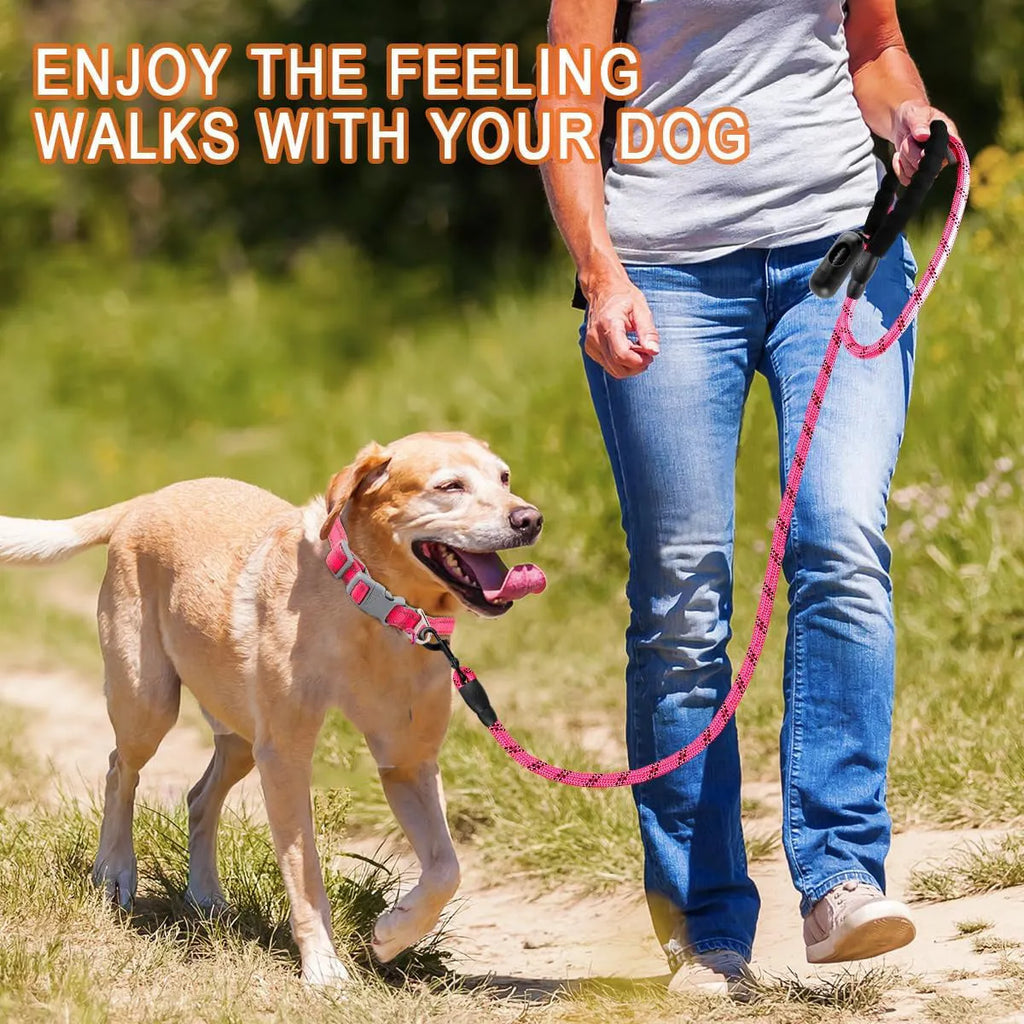 Pink 5 ft heavy duty dog leash with 1/2 inch nylon climbing rope, padded handle, reflective threads and metal clip hook