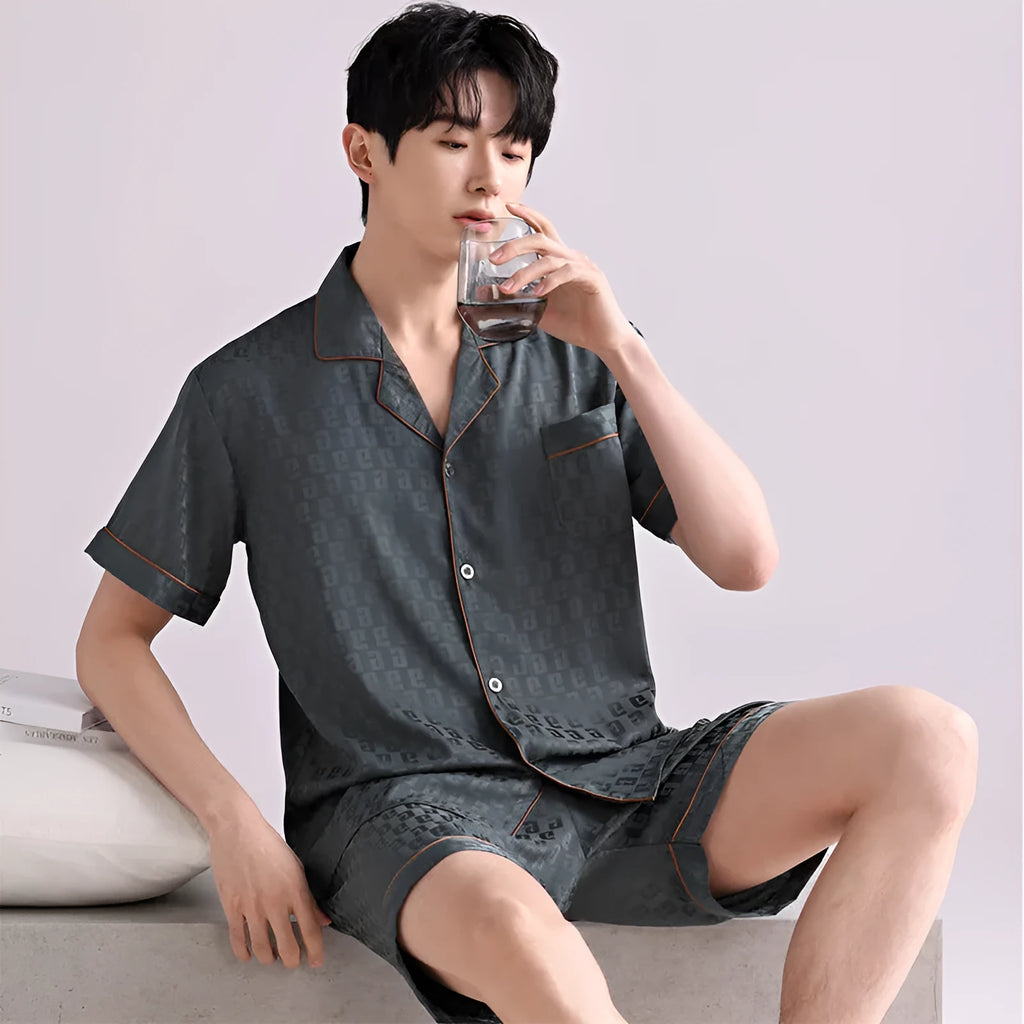 Men's lightweight ice silk pyjama set in cardigan style with shorts, showing satin jacquard pattern options