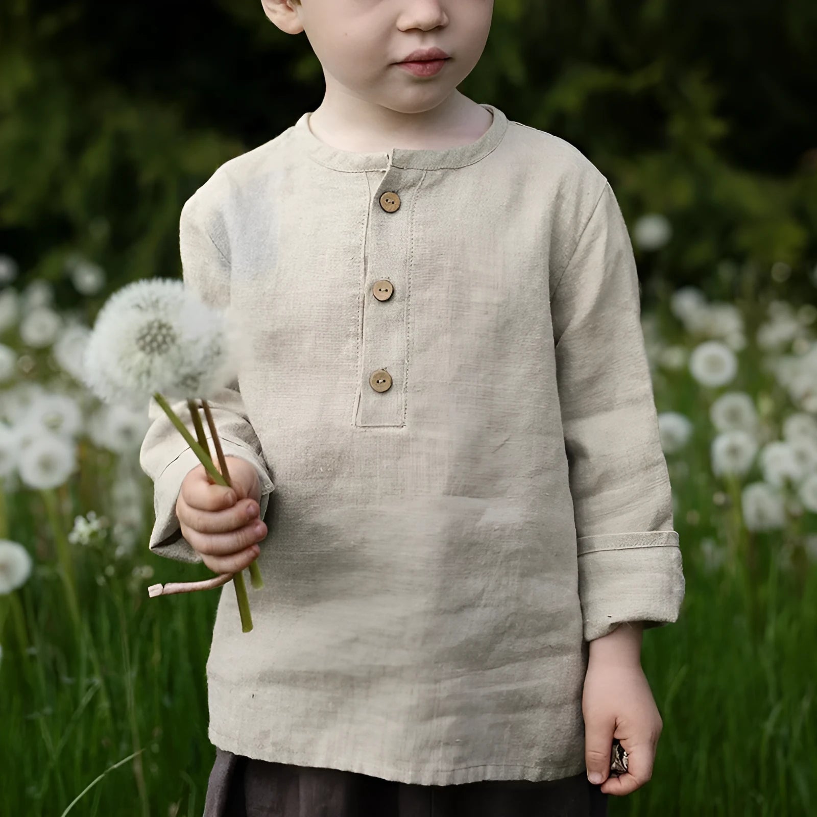 Boys Half-Open Collar Long Sleeve Cotton Linen Shirt Solid Colour European Style Spring Autumn Top 90-130cm White Green Hemp Rust Red