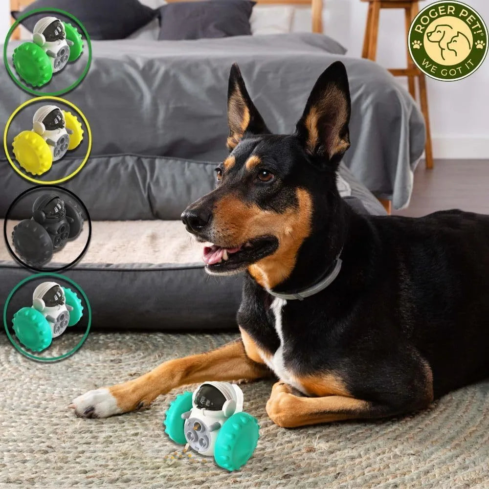 Pet tumbler food dispenser toy in robot design with slow feeding mechanism