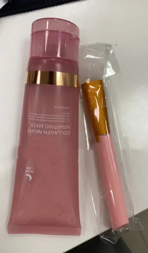 Collagen night face mask in 75ml bottle with application brush for firming and hydration