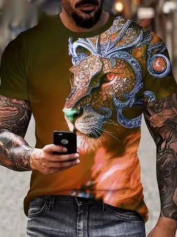 Men's grey t-shirt featuring a fierce 3D lion face print on the chest.