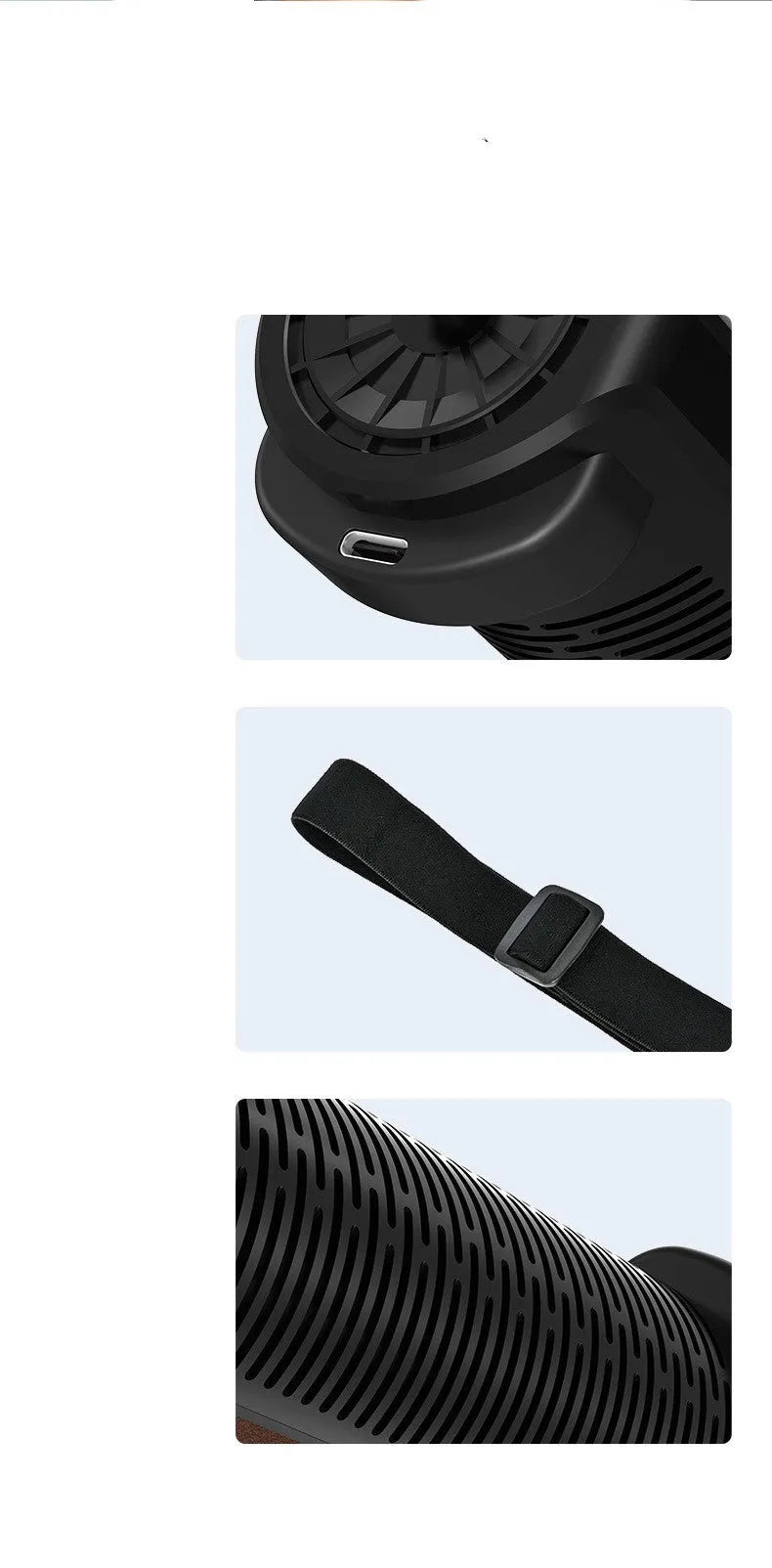 Black bladeless car fan with USB power cord showing compact rectangular design