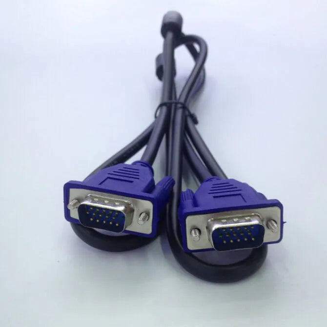 Black 1.5 metre VGA computer monitor cable with blue moulded connectors and nickel-plated terminals