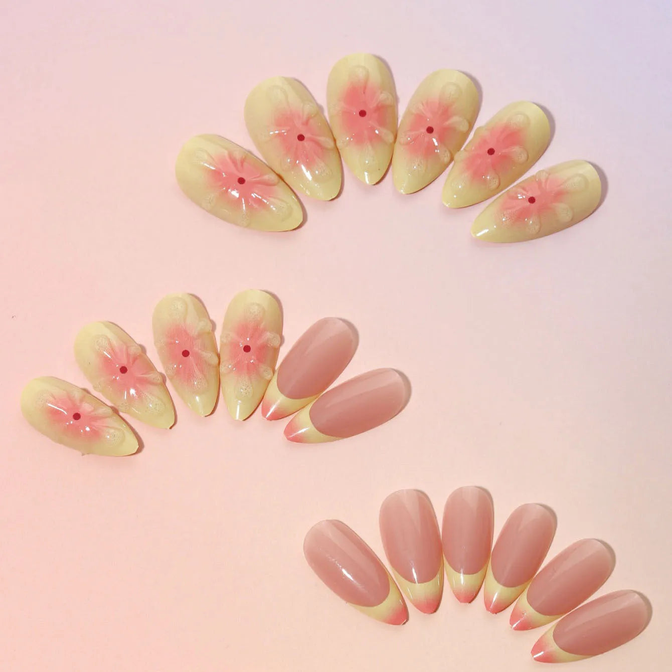 Cartoon floral false nails set with 3D flower designs and wearable armour elements in colour TY-318