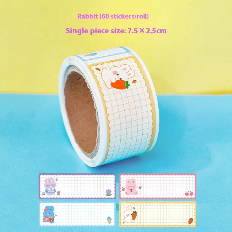 Roll of colourful cartoon message index stickers showing dinosaur, astronaut, rabbit, and girl designs.