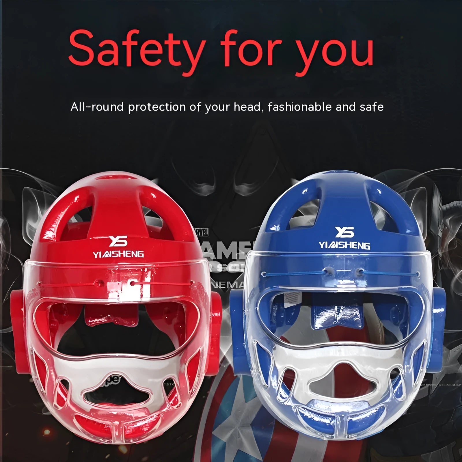 Karate helmet protective equipment in white, blue, or red colour with S, M, L, XL sizing options
