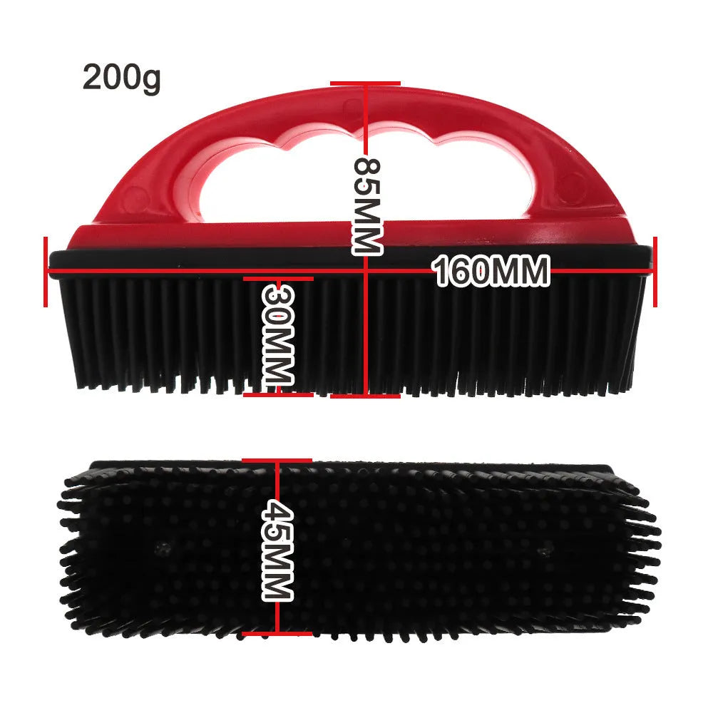 Red pet hair removal brush with ergonomic handle for grooming and massage, 160x85mm dimensions
