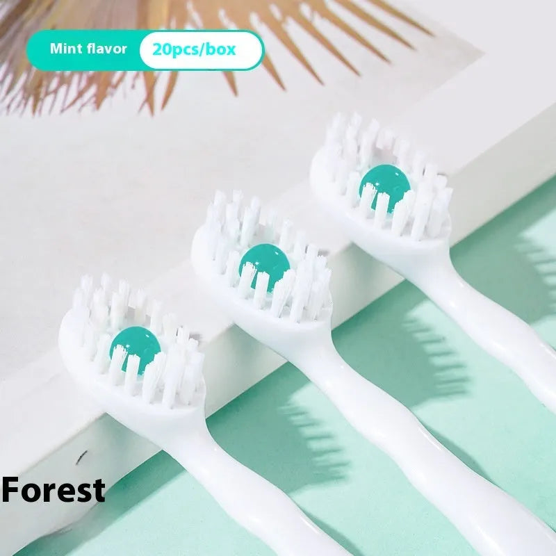 Box of 20 disposable bead toothbrushes in mint, peach, green tea and mixed flavours for travel.