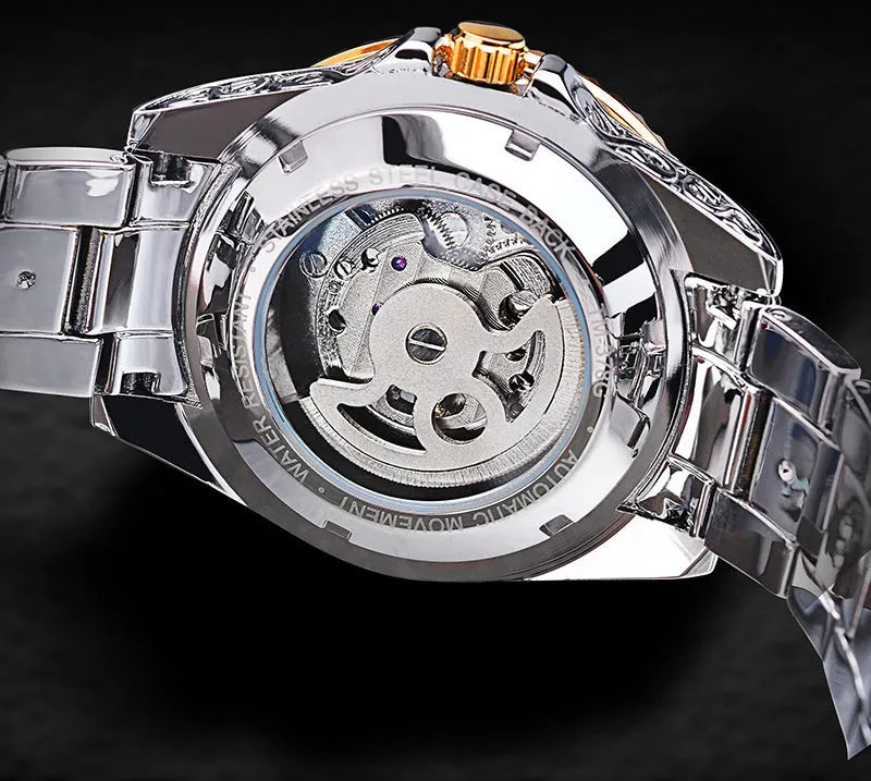 Forsining yellow skeleton tourbillon mechanical watch with stainless steel case and band