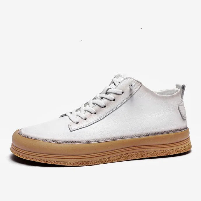Men's black and white casual leather shoes with round toe, flat heel, and lanyard closure.