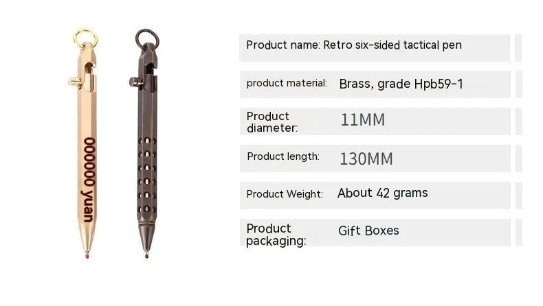 Brass hexagonal bolt roller pen with a 0.5mm tip shown in natural brass and retro black colours.