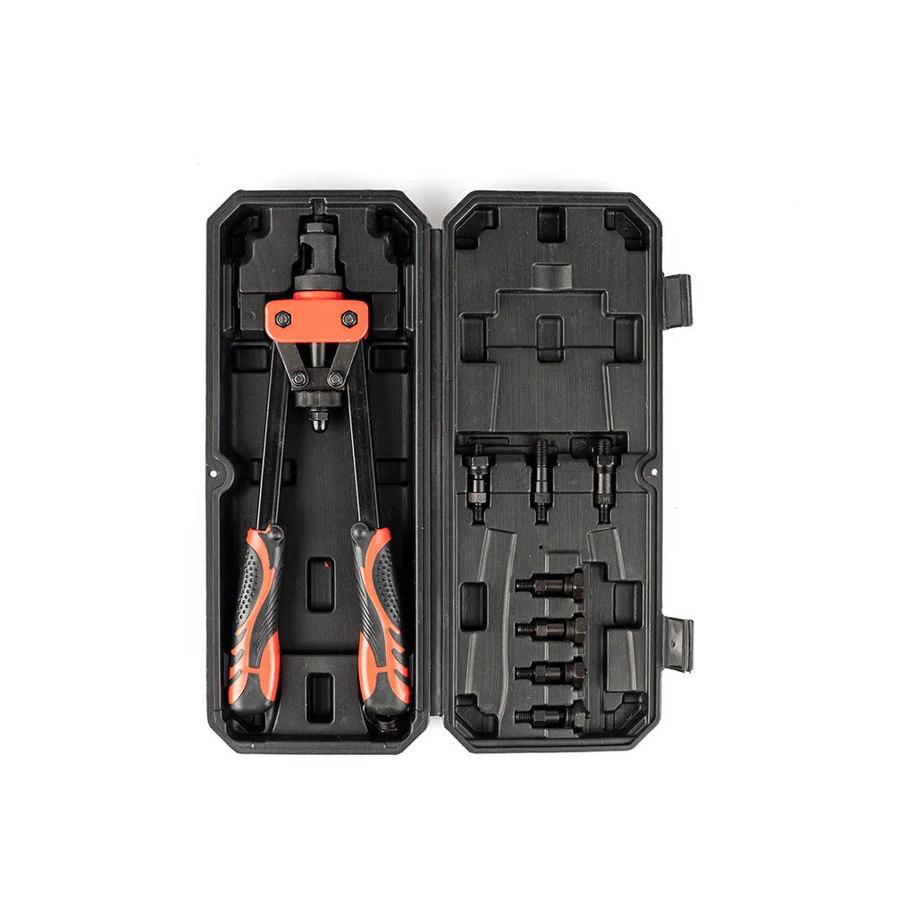 CQ14 14-inch alloy rivet nut tool with set of six metric gun tips on a workbench.