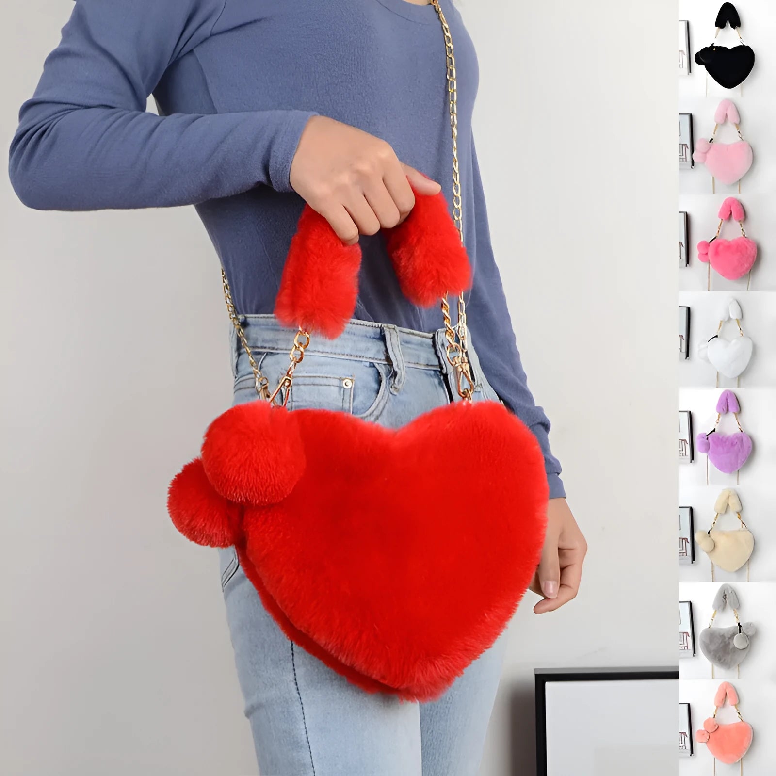 Heart-shaped plush women's handbag with shoulder strap in Valentine red colour