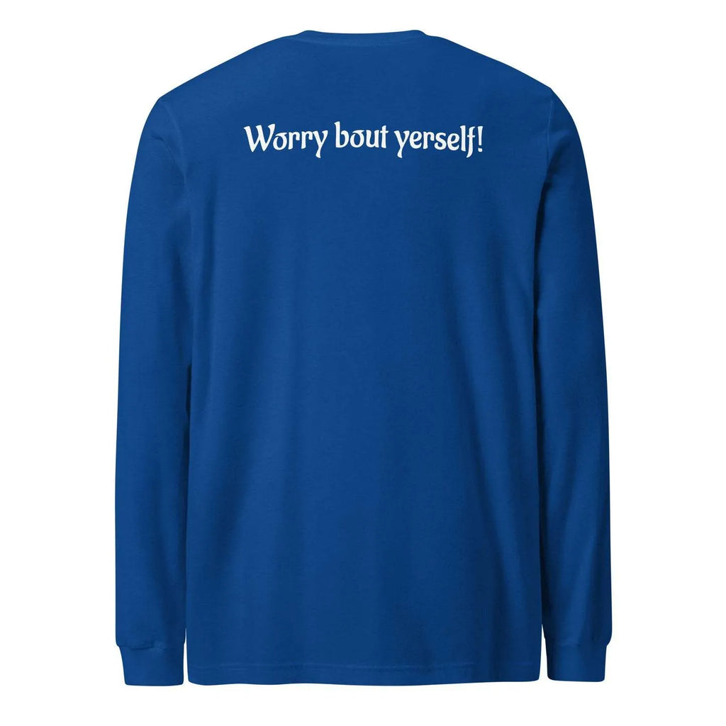 Blue men's loose fit polyester sweater with printed letter patterns and round neck design