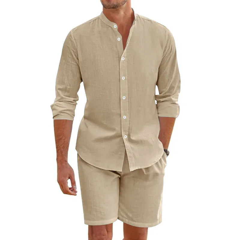 Men's dark grey short sleeve button-down shirt and matching drawstring shorts linen suit set laid flat.