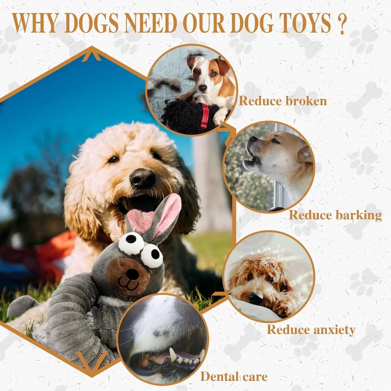 Plush stuffed dog toy with squeaker and crinkle material in brown, grey, or yellow colour