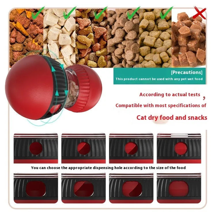 Plastic rotating cat toy with food dropping mechanism and colourful super ball design