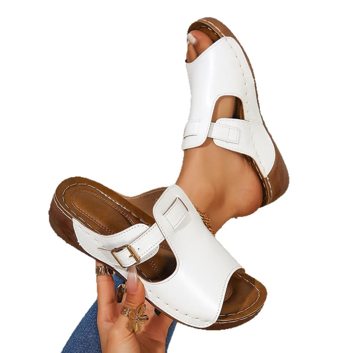 Women's Roman-style sandals with fishmouth toe bracket in light pink, black, and white colours