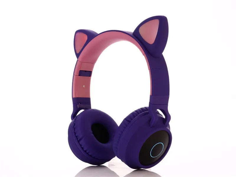 Cartoon cat ear wireless Bluetooth gaming headset in pink, light blue, purple, skin tone or green colours