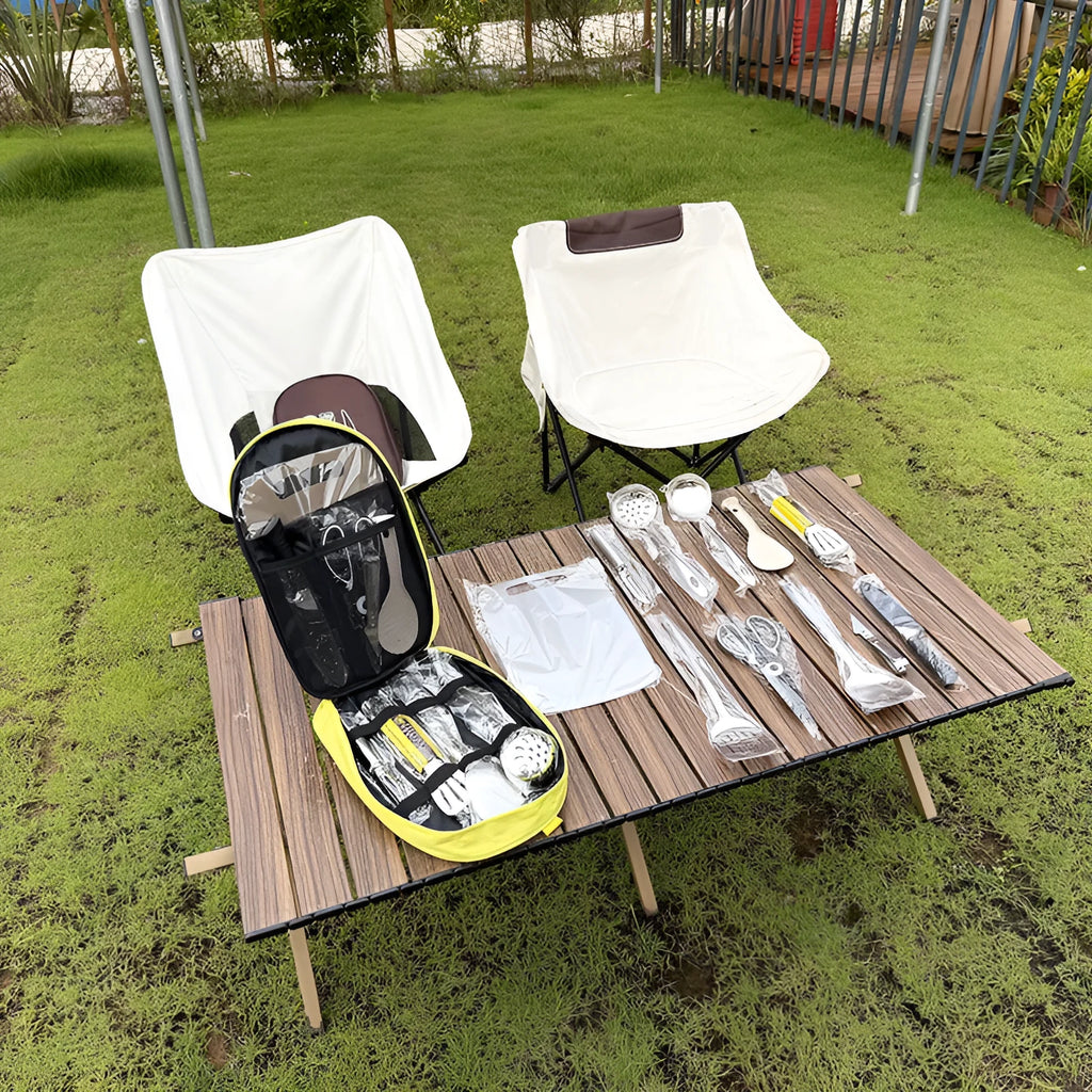 12-piece stainless steel picnic kitchenware set in storage bag for outdoor dining