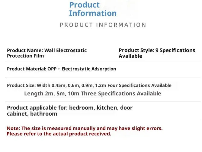 Transparent PP electrostatic wall protective film, 45cm x 2m, for bedroom and living room wall protection