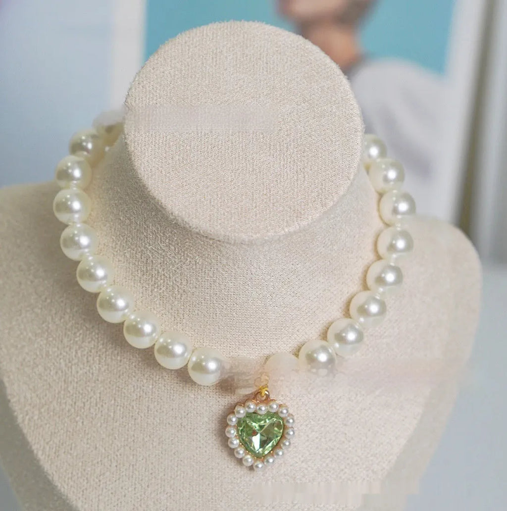 Pearl necklace cat collar with love gem charm in monochrome, available in six colours and 15-30cm sizes