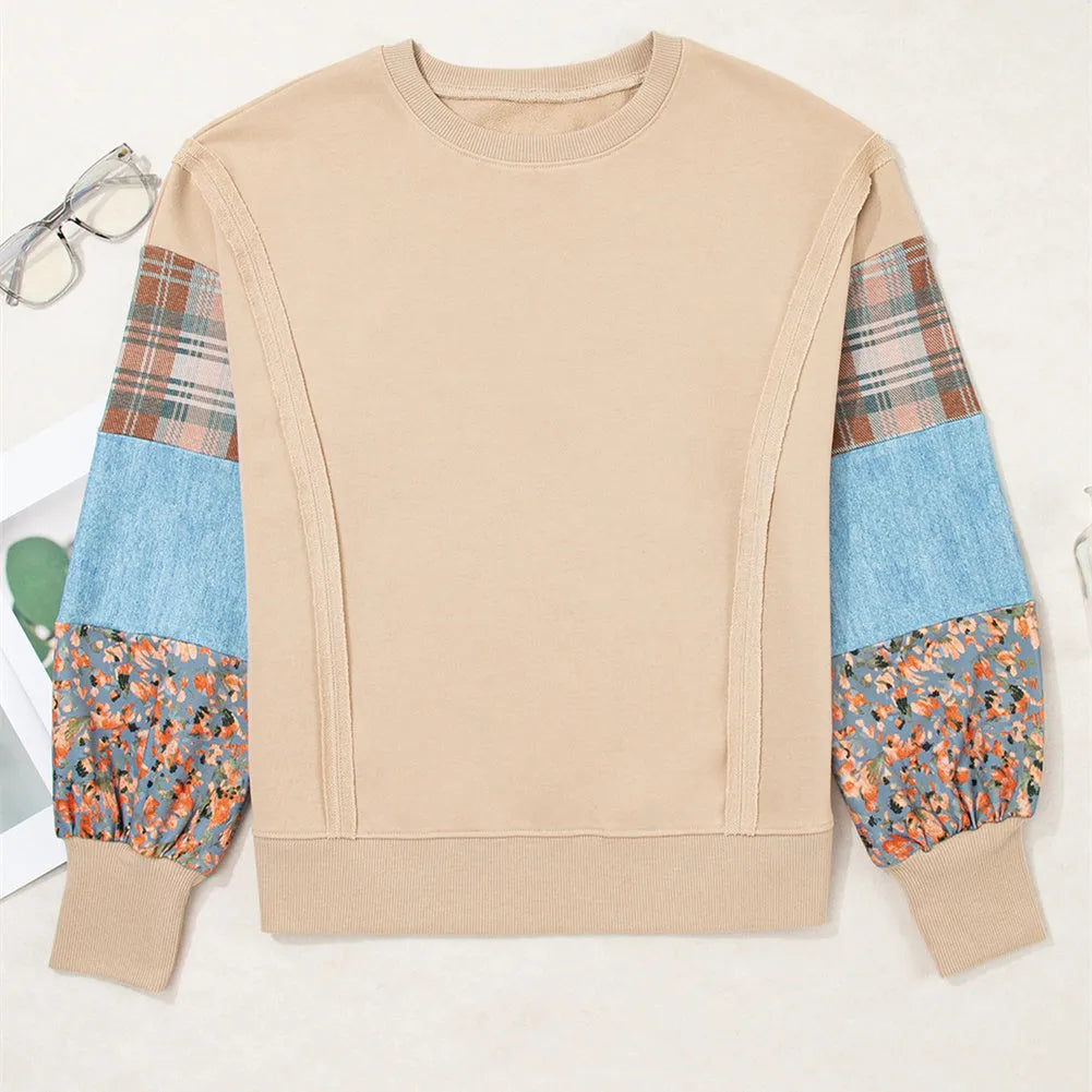 Women's loose long-sleeved top with plaid stitching detail in apricot colour