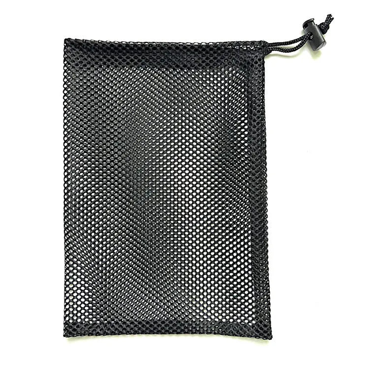 Black drawstring mesh storage bag for children's toys, shown in three sizes on a white background.
