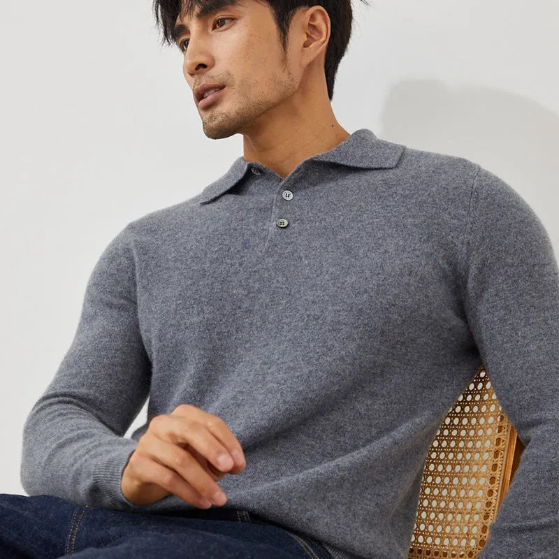 Men's pure cashmere polo collar pullover sweater in loose fit available in multiple colours