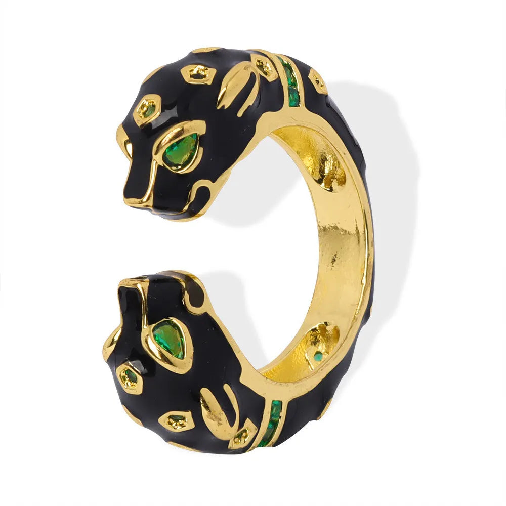 Women's black cheetah pattern oil drip geometric open ring size 7 on copper