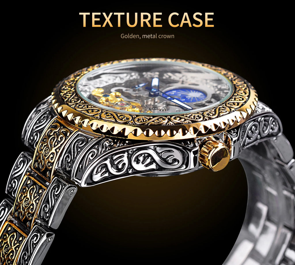 Forsining yellow skeleton tourbillon mechanical watch with stainless steel case and band