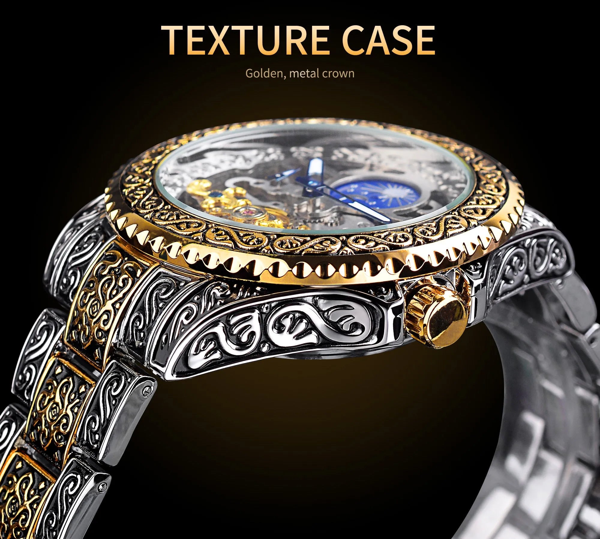 Forsining yellow skeleton tourbillon mechanical watch with stainless steel case and band