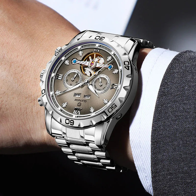 Men's automatic mechanical watch with stainless steel strap and mineral glass face