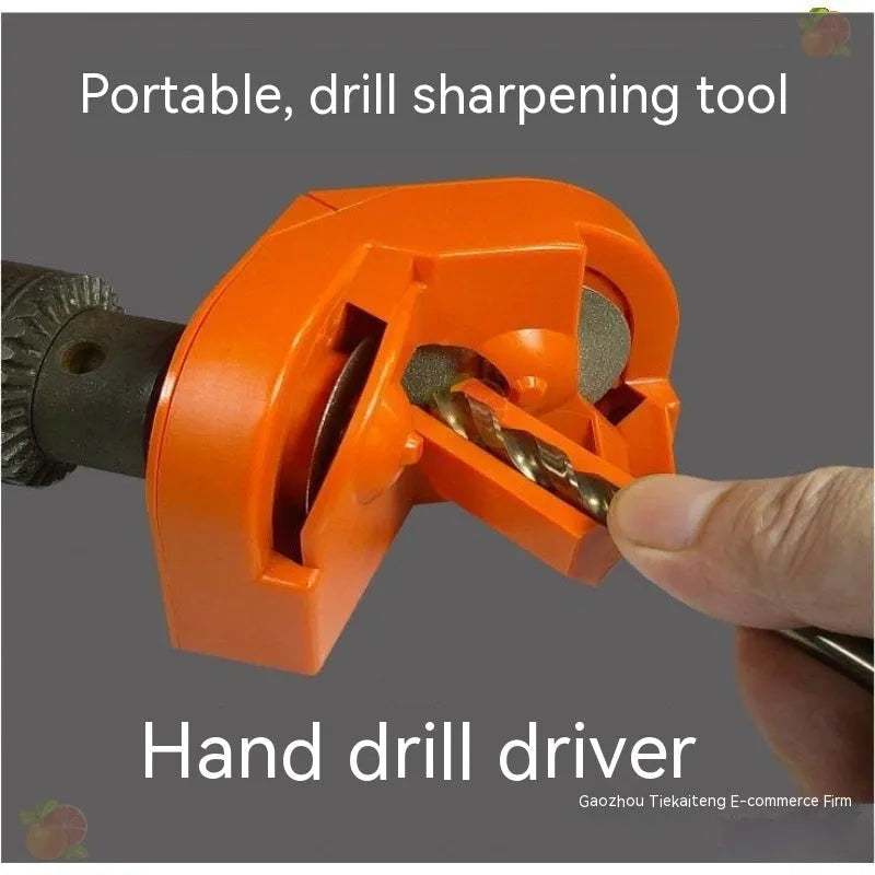 Portable grinding drill tool with orange and black irregular-shaped sander grinding wheels