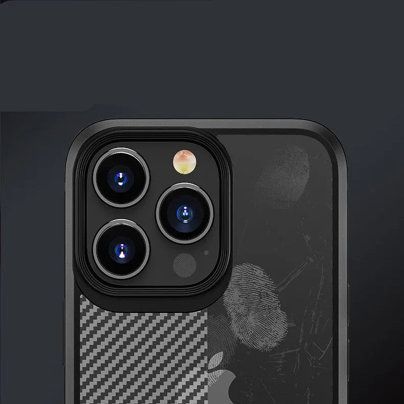 Black or blue iPhone 13 series phone case with a carbon fibre pattern on the back.