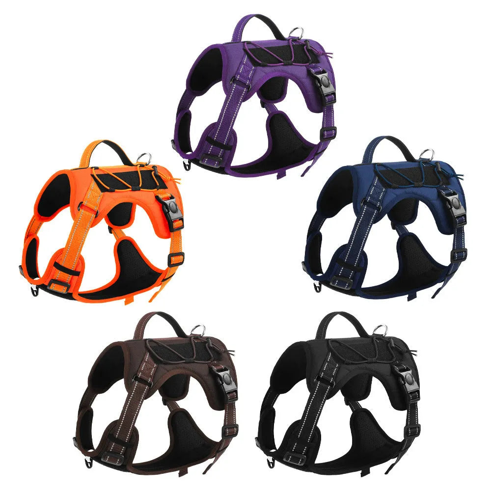 Orange PU dog harness with reflective trim and matching lead with black handle grip.